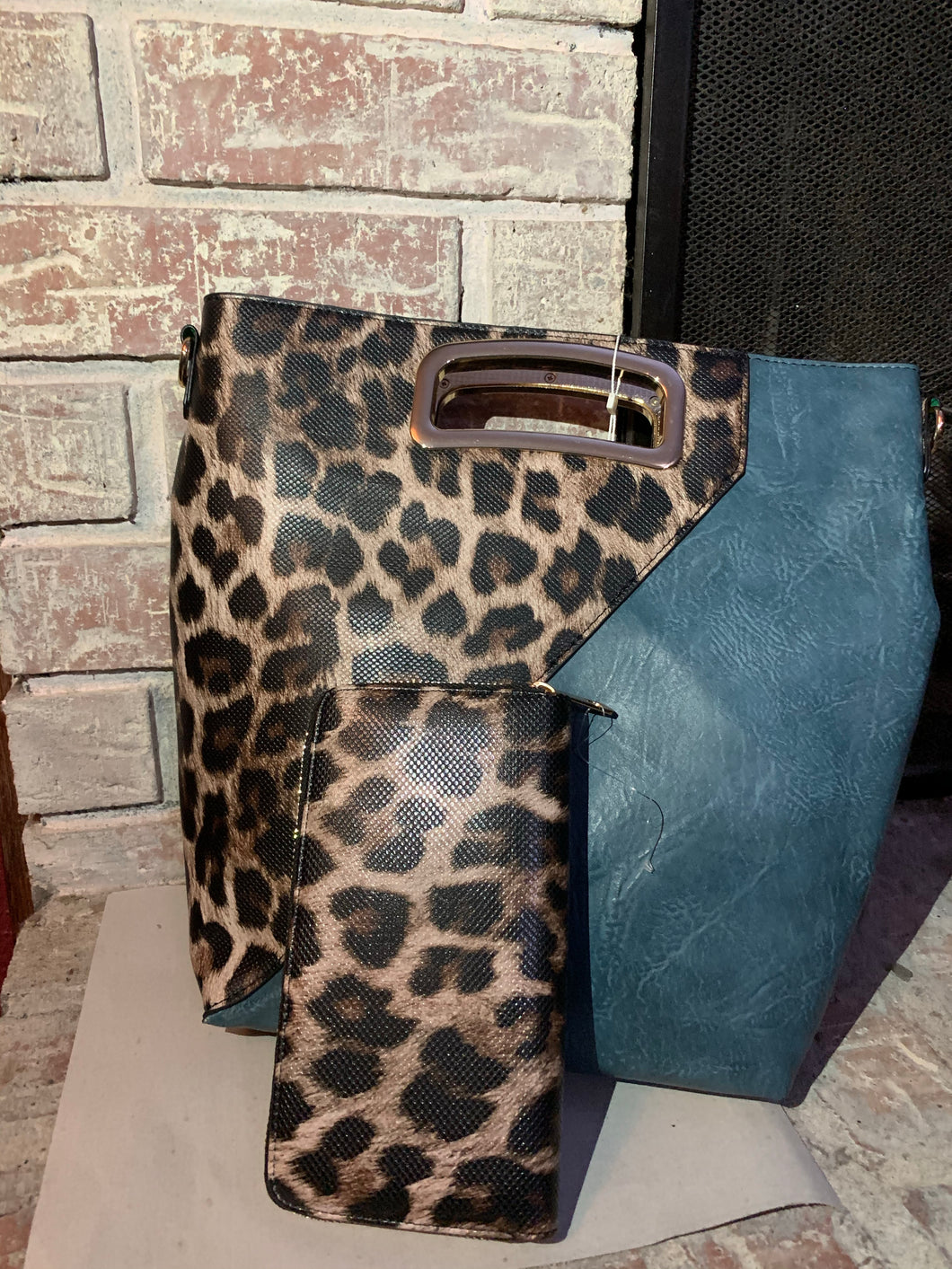 Cheetah print and blue purse with wallet